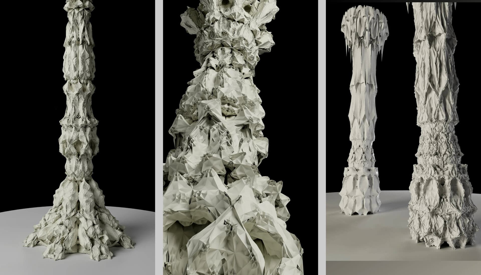 An array of column variants, each one produced by a different subdivision iteration value.