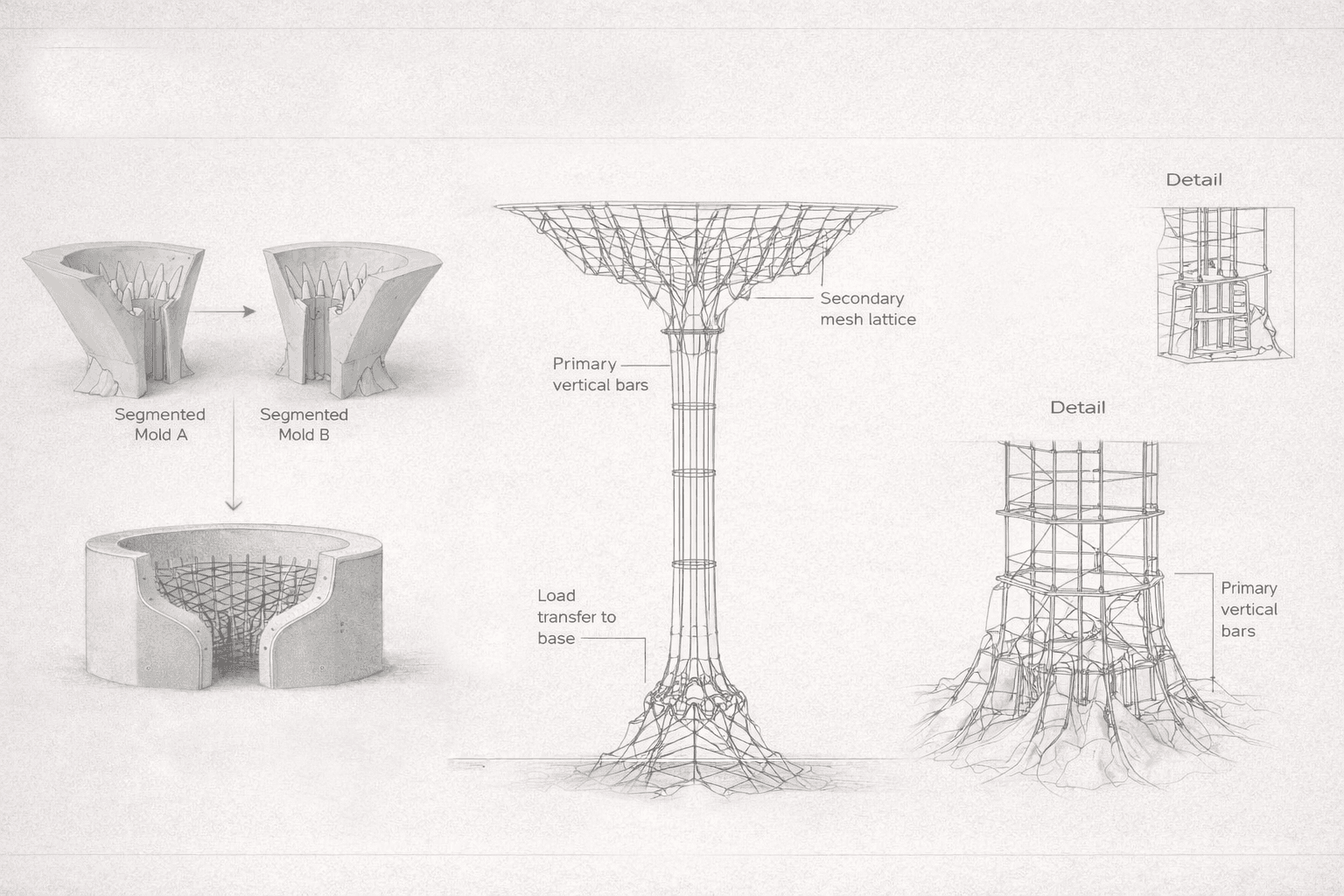 Working drawing: segmented moulds A and B, the assembled mould with the steel reinforcement cage inside, and base load-transfer details.